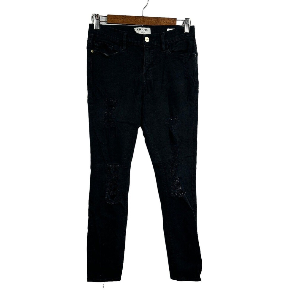 FRAME Le Skinny de Jeanne Ripped Noir Wash Skinny Jeans Black Distressed Size 28